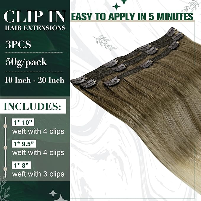 RUNATURE Balayage Clip in Hair Extensions Ombre Brown to Blonde 16 Inch 50g 3pcs Real Hair Extensions Clip in Human Hair for Thin Hair Double Weft Remy Natural Hair
