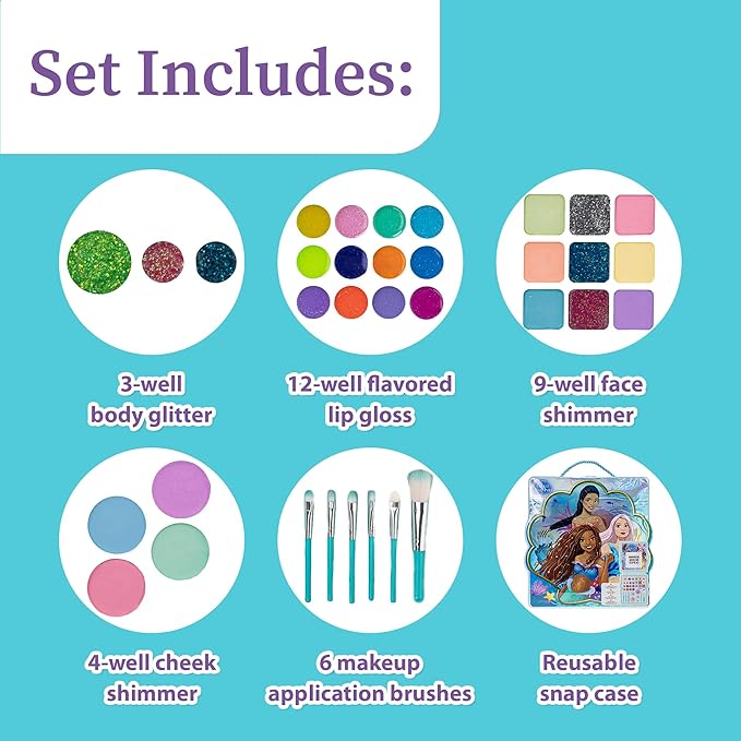 Disney’s The Little Mermaid Eye Lip and Face Beauty Soft Case Makeup Pallete for Girls Ages 3+ Perfect for Parties, Sleepovers & Makeovers
