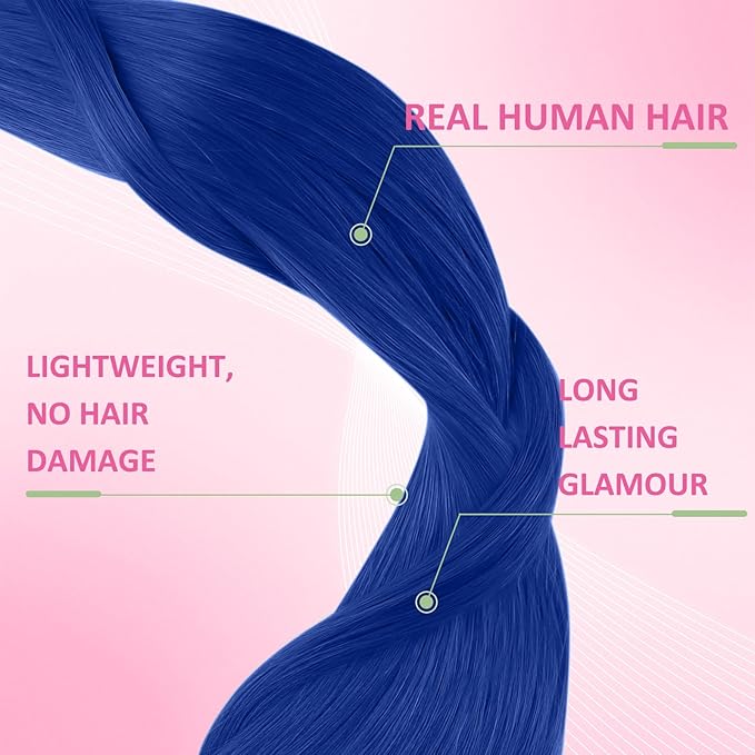 YoungSee Tape in Hair Extensions Real Human Hair Blue Invisible Tape in Human Hair Extensions Blue 18 Inch Seamless Tapes Hair-Extensions Colored 10pcs 25g Prom Night Hair Extension