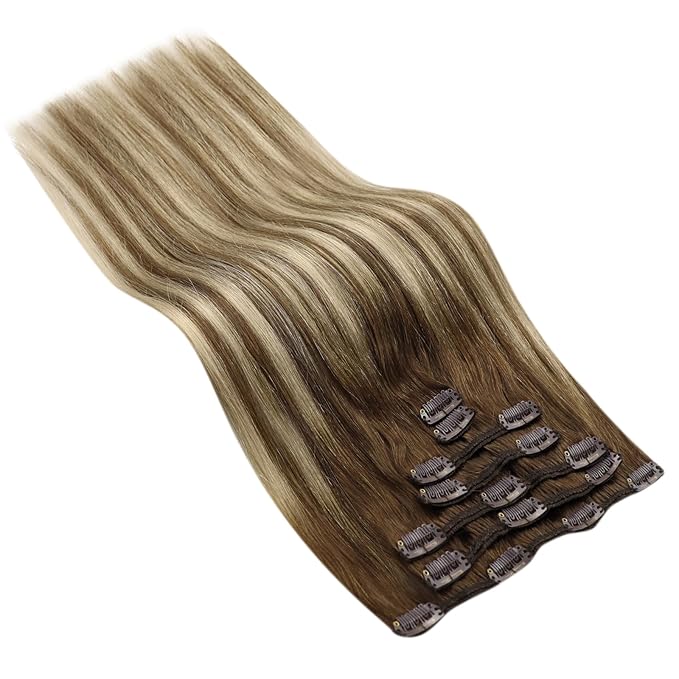 Ve Sunny Clip in Hair Extensions Balayage Human Hair Clip in Extensions Ombre Chestnut Brown to Platinum Blonde Clip in Hair Extensions Real Human Hair for Holiday Party 120g 7pcs 16inch