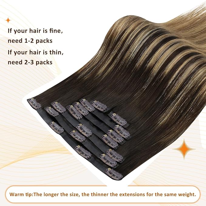 Full Shine Human Hair Clip in Extensions 12 Inch Clip in Hair Extensions Balayage Dark Brown Ombre to Light Brown with Blonde Remy Hair for Style 8 PCS 95 G
