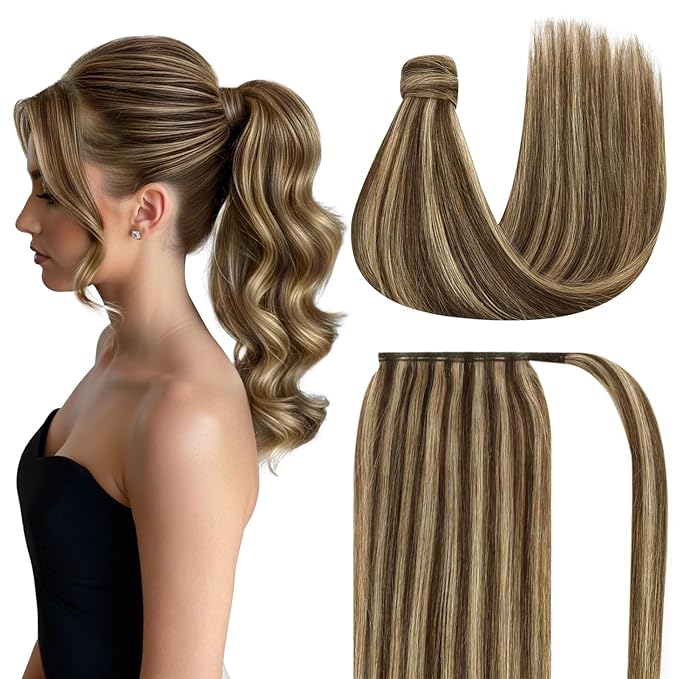 Ve Sunny Hair Extensions Ponytail Real Human Hair Wrap Around Clip in Ponytail Hair Extensions Straight Extensions Human Hair for Women Medium Brown Highlighted Caramel Blonde 20inch 80G 80G