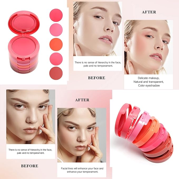 UCANBE 5 Colors Face Blusher Palette Waterproof Matte Long Lasting Lightweight Blush Powder Pink Coral Blushing Pallet with Brush Mirror Women Makeup Gift Set Kit