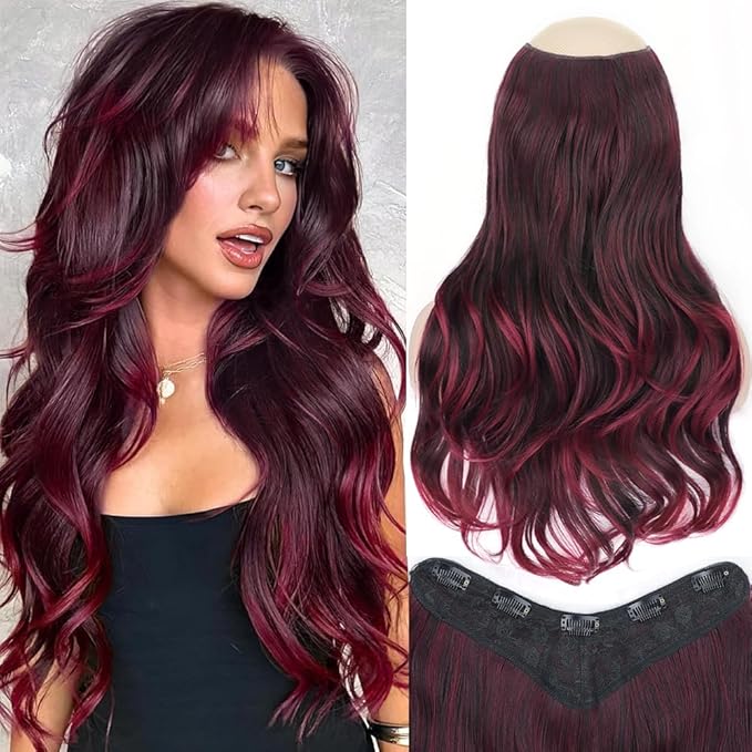 ALXNAN Long Wavy Hair Extensions for Women, Clip in Hair Extensions Clip Ins Soft Full Head Synthetic Hairpieces 20 Inch Ombre Burgundy mix Black