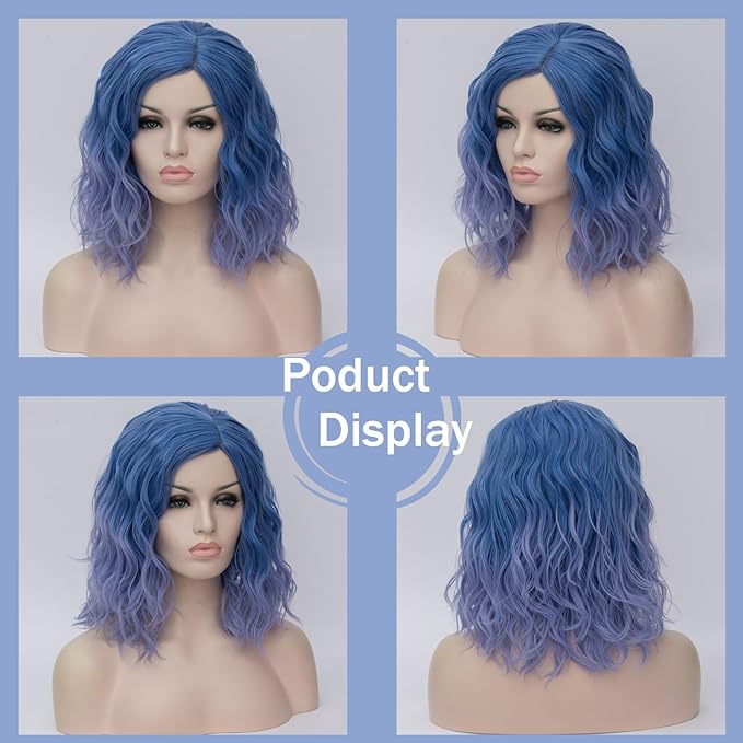 BUFASHION 14" Women Short Ombre Light Blue Kinky Straight Cosplay Synthetic Wigs With Air Bangs 46 Colors Available (Ombre Light Blue 1)