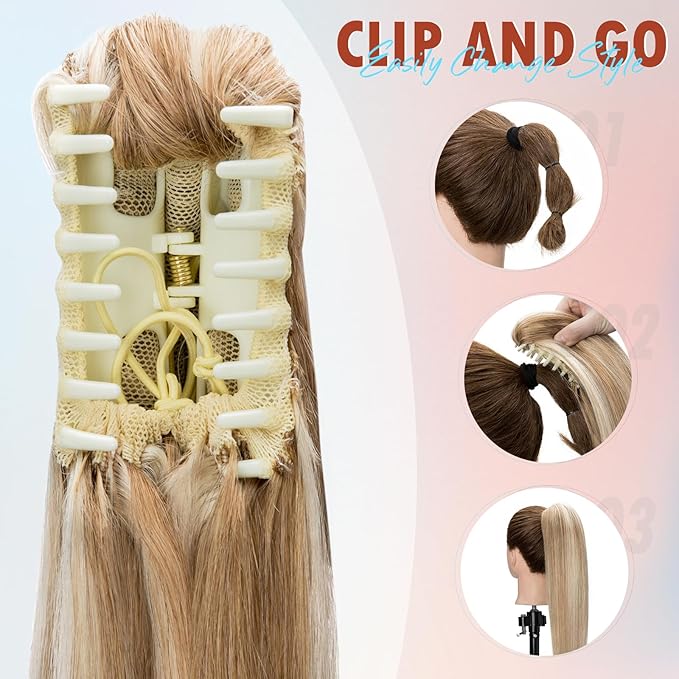 Hairro Claw Clip Ponytail Human Hair Extensions Jaw On Ponytails Remy Long Straight Jaw/Claw Clips Pony Tail Hairpieces For Women 20 Inch 120g #12P613 Golden Brown Mix Bleach Blonde