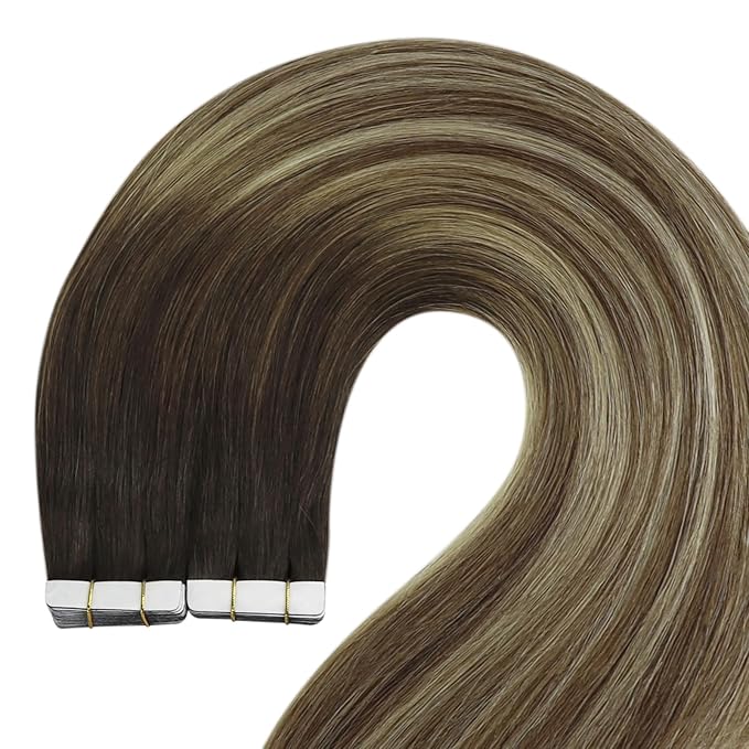 YoungSee Tape in Extensions Human Hair Balayage Hair Extensions Tape in Brown Ombre Medium Brown with Blonde Tape in Hair Extensions 20pcs Human Hair Tape-in Extension 20 Inches 50g