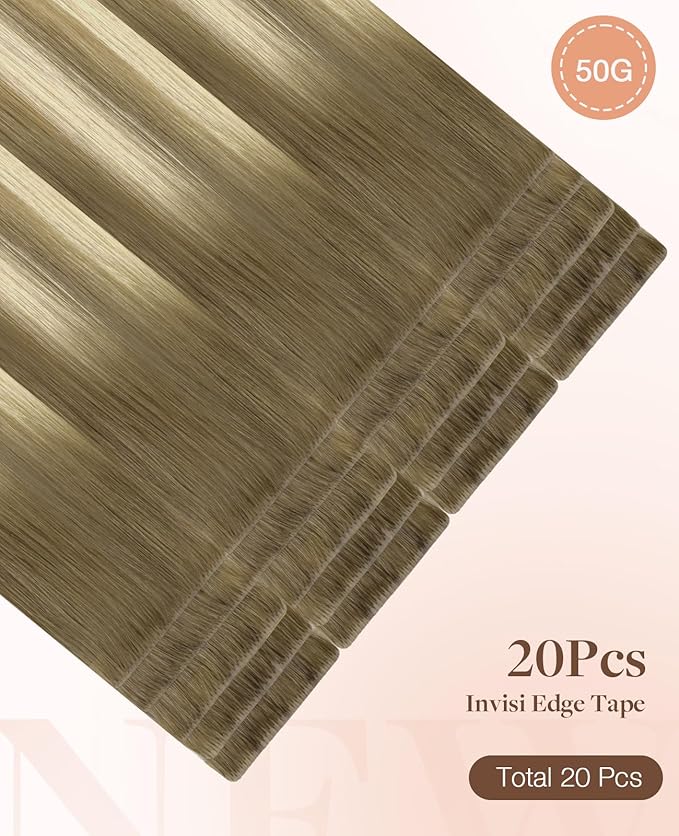 GOO GOO Invisi Edge Tape in Hair Extensions Human Hair, 9/60 Balayage Ash Brown to Platinum Blonde, 20pcs 24inch 50g, Virgin Remy Hair, Seamless Injected Tape, Natural Look