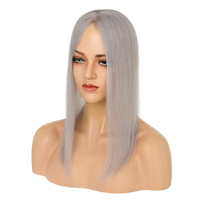 Hairro Human Hair Toppers Free Parted, 3.5x4.7" Base Hand-wovened 100% Real Hairpieces, with Invisible Clips-in for Women, for High Hairline/Adding Volume on Top, 12 Inch Grey