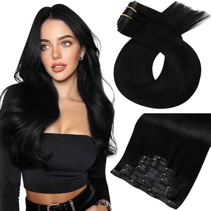 Moresoo Seamless Clip in Hair Extensions Human Hair Remy Straight PU Weft Human Hair Clip in Extensions Full Head Jet Black #1 7pcs/120g 16inch