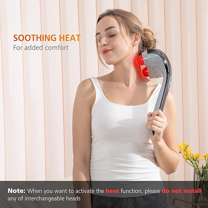 Snailax Cordless Handheld Back Massager with Heat, Deep Tissue Percussion Massager, 3 Sets of Dual Pivoting Heads,Rechargeable Hand Held Massager for Neck,Back Shoulder,Calf,Legs