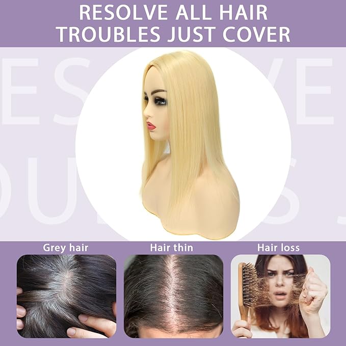 16 Inch Length Hair Toppers for Women with Thinning Hair, 3x5 Inch Injected Silk Base 130% Density Hairpieces #613 Bleach Blonde