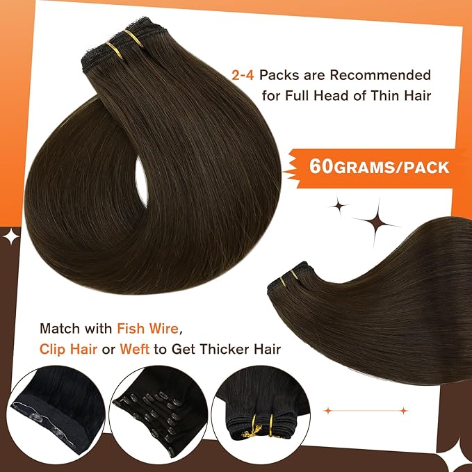 Full Shine Human Hair Clip in Extensions 18 Inch Color 2 Darkest Brown Natural Straight Hair Extensions Lace Clip in Human Hair Extensions Long Straight Hair Longevity 3 PCS 60 Grams