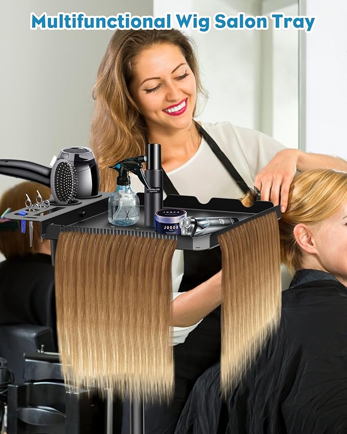 Salon Tray on Wheels,Metal Tray Rolling Cart with 2 Magnetic Bowls,Tattoo Tray, Salon Station with Hairstylist Holder and Hair Separator Stand,Multi-Function Adjustable with Wheels