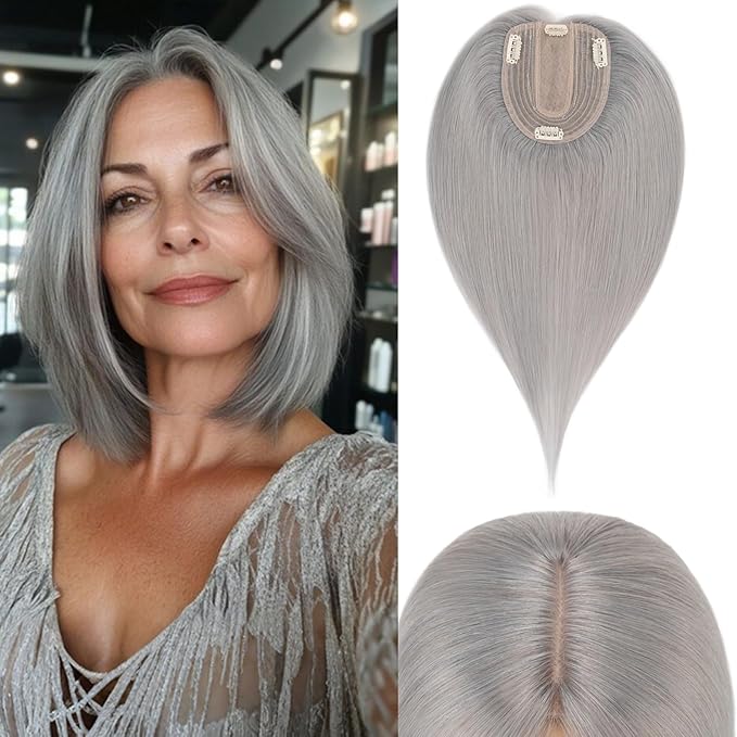 Rich Choices Hair Toppers for Women Real Human Hair 100% Human Remy Toppers NO Bangs for Women with Thinning on Top Clip in Hairpiece 4"x4.7"Lace Base 8 Inch Gray