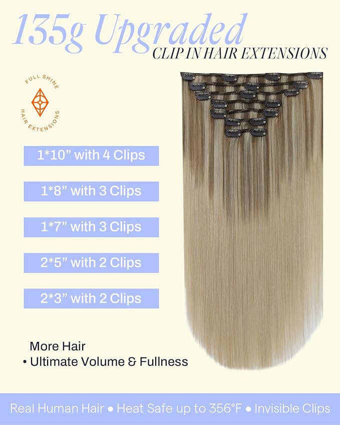 Full Shine Invisible Clip in Hair Extensions Human Hair 135 G Caramel Latte Rooted Highlight Blonde Clip in Human Hair Extensions 18 Inch 7 Pcs