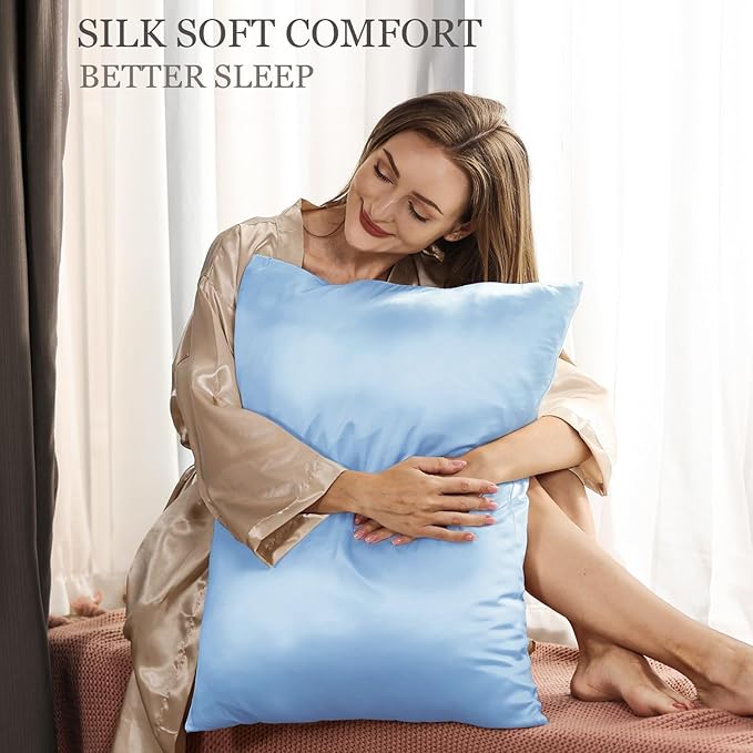 Adubor Mulberry Silk Pillowcase for Hair and Skin with Hidden Zipper, Both Side 23 Momme Silk, 900 Thread Count (20x36inch, King Size, Sky Blue, 1pc)