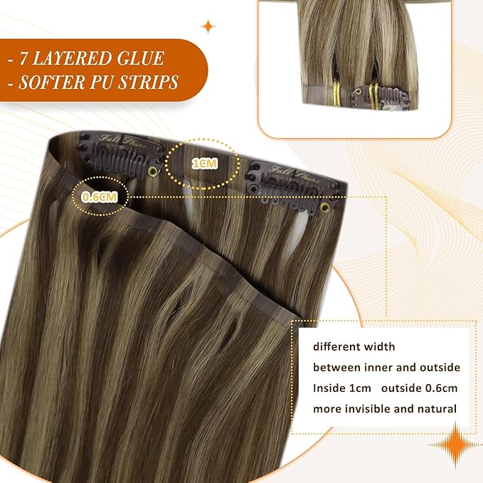 Full Shine Clip in Hair Extensions Dark Brown Human Hair Clip ins with Caramel Blonde Highlights Invisible Clip in Hair Extensions Human Hair 20 Inch PU Weft Add Volume 8 PCS 120 G