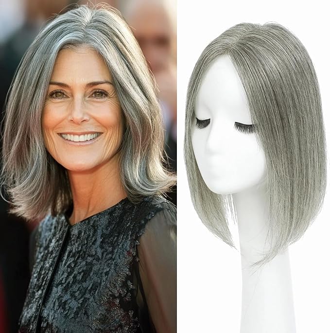 Hair Toppers for Women Real Human Hair Pieces for Women Upgrade Large Swiss Base Hair Topper 12inch（Mixed Grey）