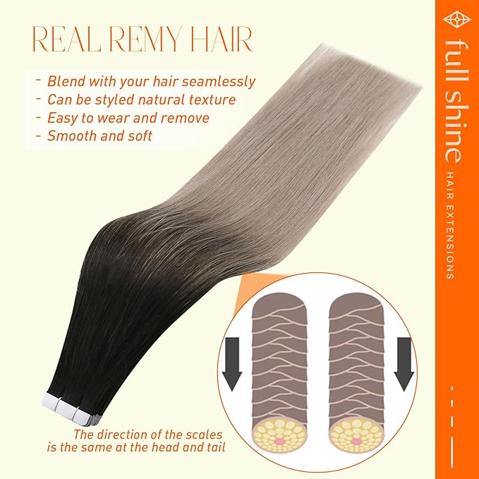 Full Shine Tape in Hair Extensions Human Hair 14 Inch Color 1B Off Black Fading to 18 Ash Blonde Tape in Hair Extensions Invisible Straight Extensions Real Remy Skin Weft 50 Grams 20 Pcs for Women