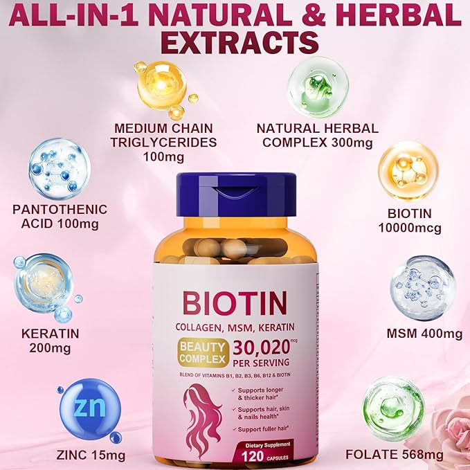 25-in-1 Biotin Supplement for Longer, Thicker & Healthier Hair, with Kertain, MSM, Zinc, Natural Herbal Extracts, Hair Growth Capsules Perfects for Women and Men, 120 Capsules