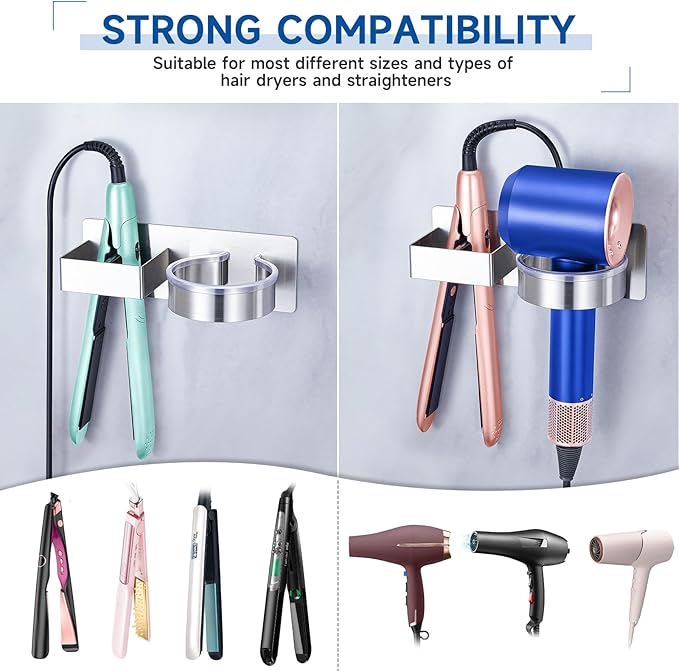 Hair Dryer Holder Blow Dryer Holder Wall Mounted, Adhesive Hair Straightener Holder, Hair Tool Organizer for Curling Iron Holder, Metal Hairdryer Holder Storage Organizer for Bathroom Vanity,Silver