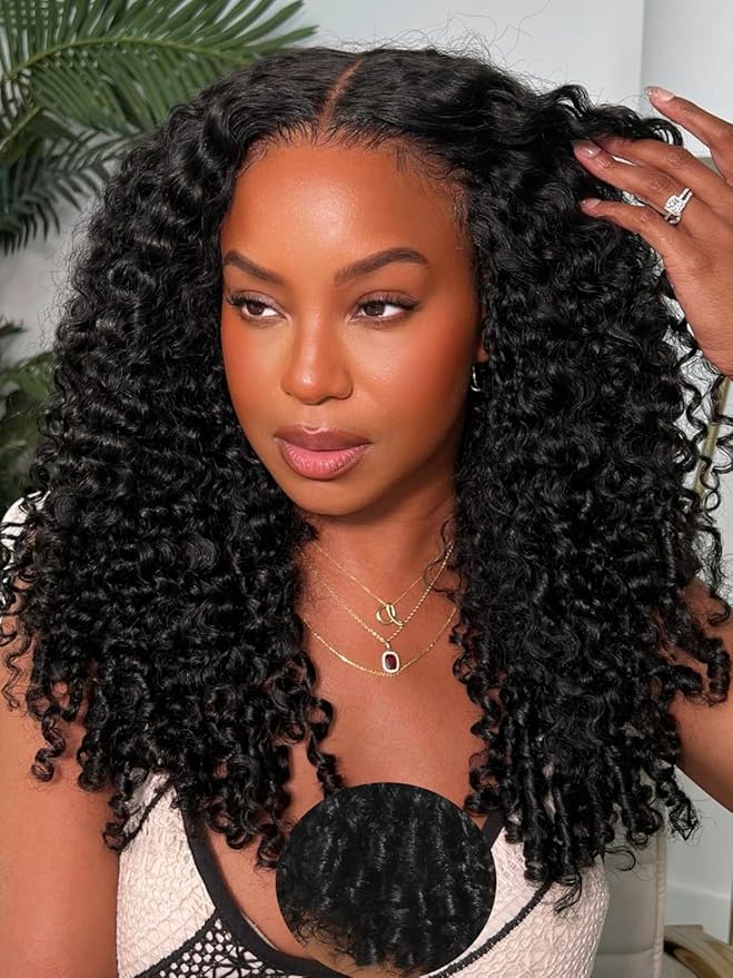 Julia Hair 7x5 Lace Water Curly Texture Wig With Finger Coil Ends Glueless Wigs Human Hair Put On and Go Invisible Lace Pre Plucked Pre Cut Bleached Knots Natural Hairline 18 Inch