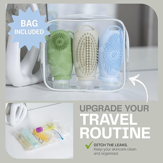 Sumina Silicone Travel Bottles 3-Pack (3.4 oz) with TSA Bag | TSA-Approved Leakproof Toiletry Containers | Refillable Shampoo Bottles with Gentle Exfoliation | Soft, Squeezable Silicone