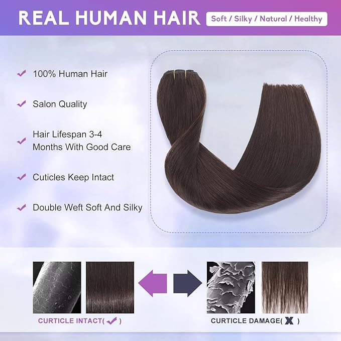 Dark Brown Clip in Hair Extensions Real Human Hair Invisible Seamless Remy Human Hair Clip in Extensions for Women 26 Inch 130g, 8pcs Per Set with Double Weft