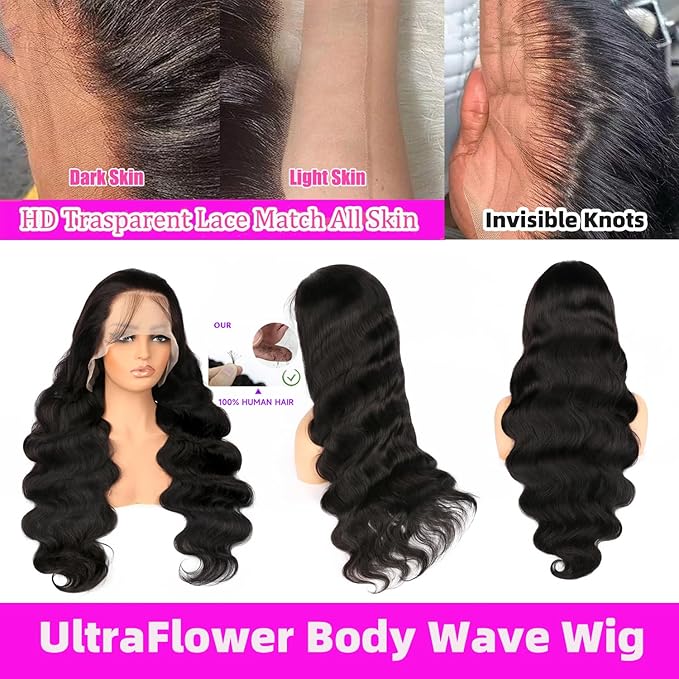 Body Wave Lace Front Wigs Human Hair Pre Plucked 200 Density Glueless 13x6 HD Transparent Lace Frontal Wigs Body Wave Wigs for Women Natural Hairline 18 Inch Human Hair Wig Natural Black
