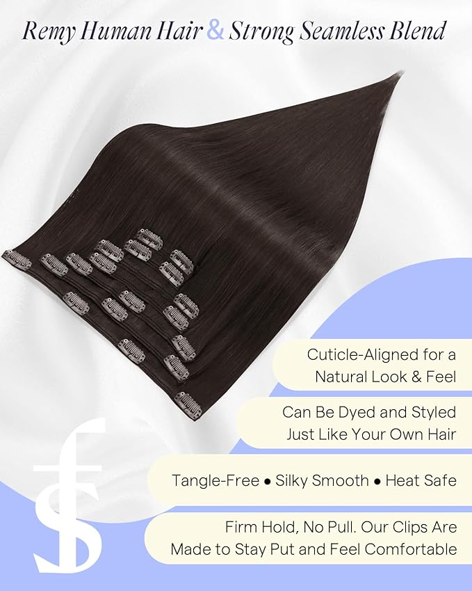 Full Shine Clip in Hair Extensions Real Human Hair Dark Brown 150 G Straight Dark Brown Human Hair Clip ins 24 Inch Invisible Triple Weft Brunette Hair Extensions for Thin Hair 7 Pcs