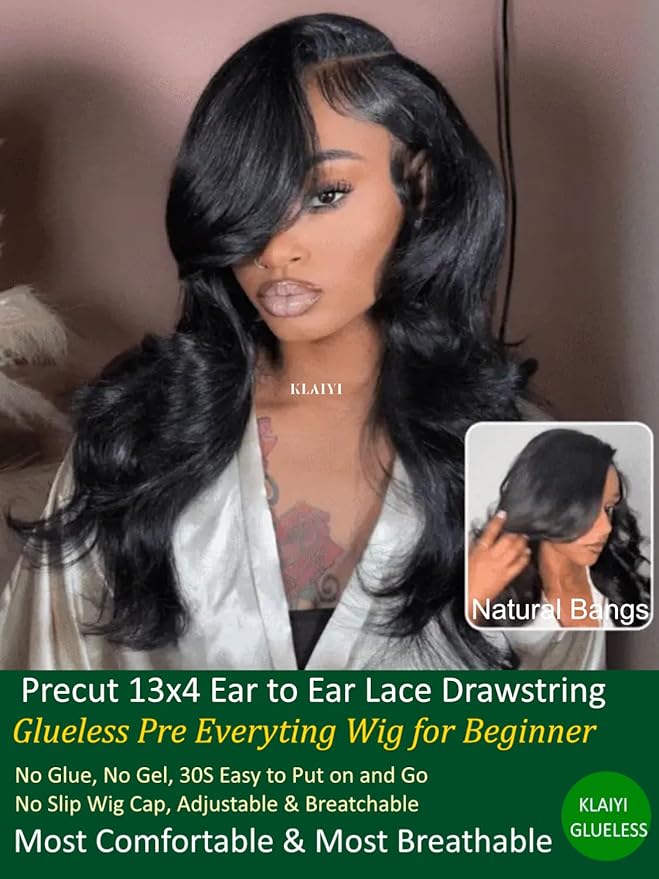 KLAIYI Loose Body Wave Pre Everything Glueless 13x4Lace Front Wig Human Hair Drawstring Precut Lace Pre Plucked Bleached Bye Bye Knots 3S Ready to Wear and Go Wig with Face Framing Curtain Bang 18Inch