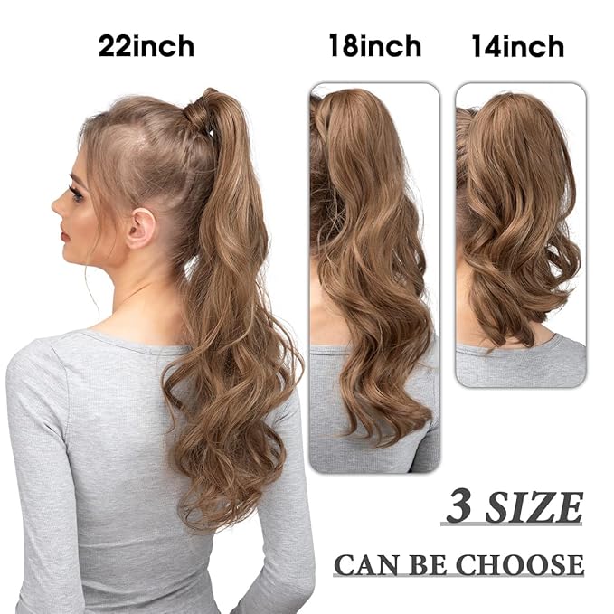 CJL HAIR 22" Long Ponytail Hair Extension Wrap Around Pony Tail Clip in Curly Wavy Synthetic Fake Hairpiece for Women Black Brown