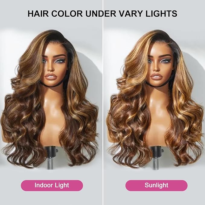 210% Density 13x6 Highlight Ombre Full Lace Frontal Wigs Human Hair 12A Body Wave Brazilian Human Hair Pre Plucked 4/27 Honey Blonde HD Glueless Transparent Lace with Baby Hair 22 Inch
