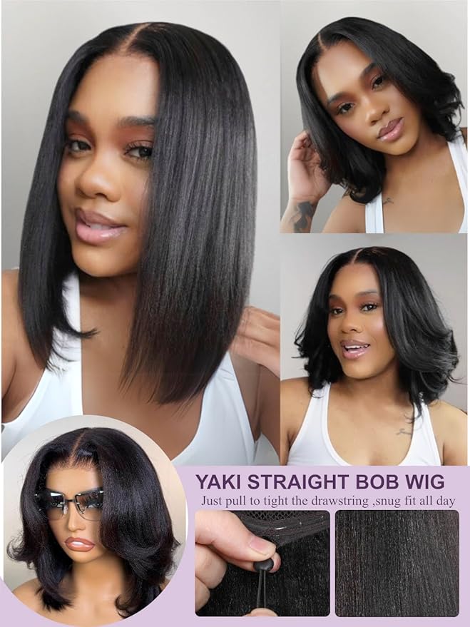 YIROO Yaki Straight Bob Human Hair Drawstring Wigs Pre Cut 7x5 HD Lace Front Wig Bye Bye Knots Glueless Yaki Short Bob Human Hair Wigs Pre Plucked Invisible Knots 150% Density Ready to Go 10Inch