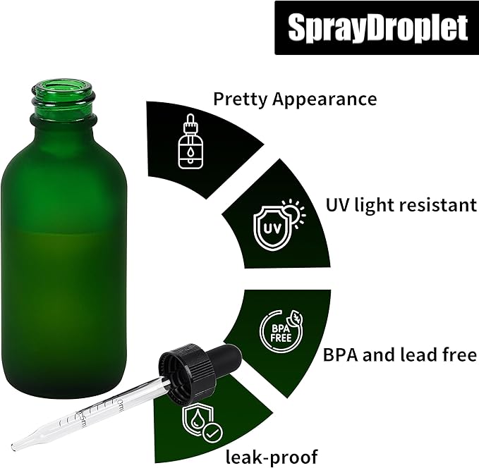 12 Pcs, 2oz Glass Dropper Bottle, Leakproof Tincture Bottles with Dropper, Green Reusable Eye Dropper Bottle, Preety Frosted Texture, for All Kinds of Liquids (Green-Frosted, 2oz-12pcs)