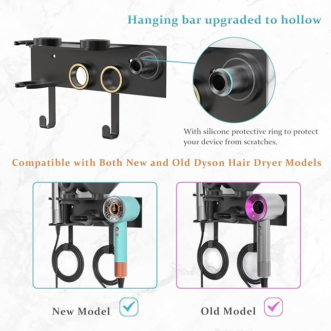 Affogato Hair Dryer Holder Wall Mount Compatible with Dyson Supersonic HD16 Airwrap Straightener, 2 in 1 Airstrait Organizer Stand, Metal Blow Dryer Attachments Storage Rack for Bathroom and Salon