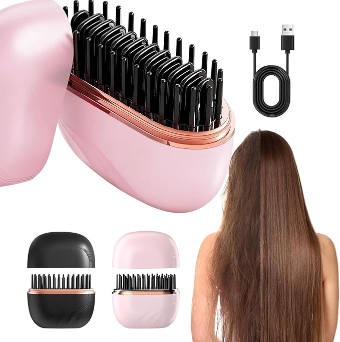 Mini Portable Straightener, Rechargeable Portable Hair Straightener Brush, 3-Control & Fast Heating Technology, Anti Scald Shell, Anti Scald Shell, Suitable for Home Travel (Pink)