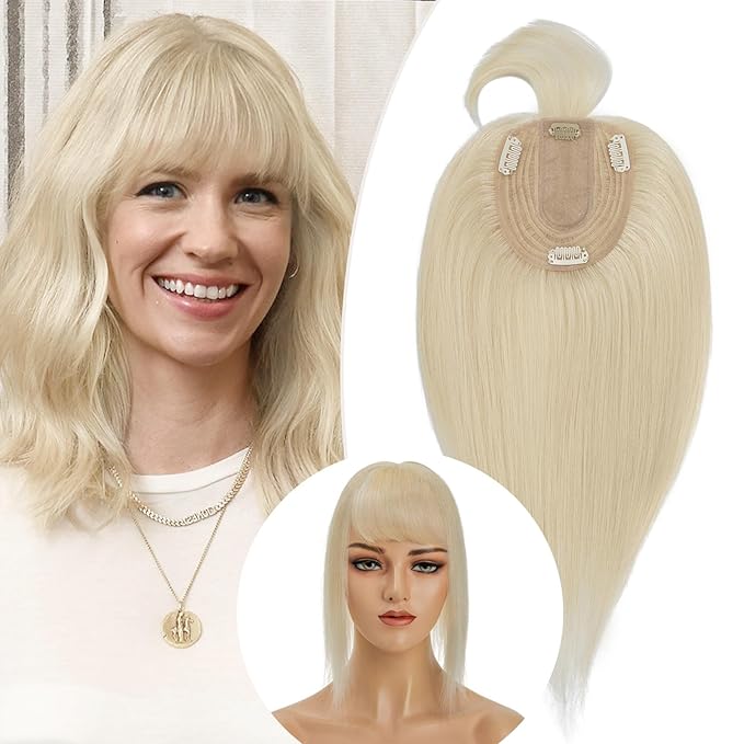 Rich Choices Hair Toppers for Women Real Human Hairs With Bang 100% Remy Human Topper for Thinning Hair Clip in Silk Base Topper 6 Inch #60 Platinum Blonde