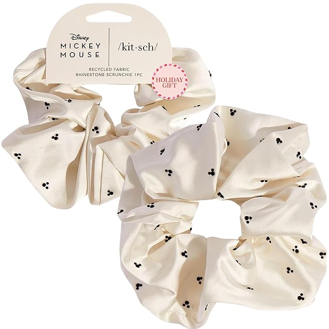 Kitsch & Mickey/Minnie Fabric Rhinestone Scrunchies for Girls and Women, Hair Scrunchies for All Hair Types, Perfect for Updo | Ideal Gifts for Women (Cream) - 1 Piece