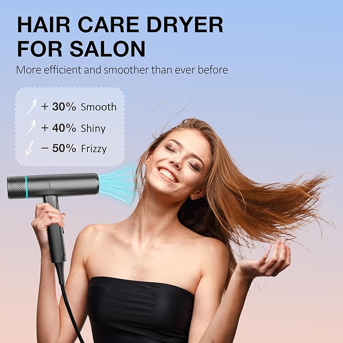 Ionic Hair Dryer with Diffuser and Concentrator, Professional Lightweight Quiet Blow Dryer, Powerful 1600 Watt Motor for Fast Drying and Straight & Wavy Hair, 3 Temps/2 Speeds, 6.56 Ft Cord, Grey