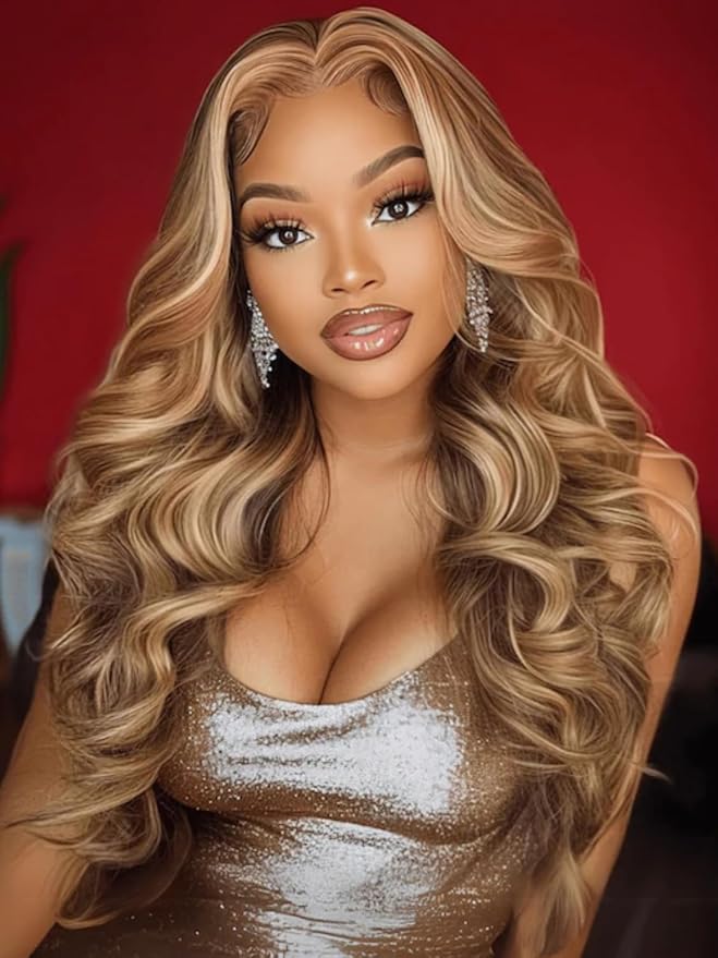 YIROO Pre Everything Wig Honey Blonde 13X4 Pre Cut Lace Front Glueless Human Hair Wigs Body Wave Brown Blonde Highlight Ombre Pre Bleached Invisible Bye Bye Knots Wig Pre Plucked 150% Density 16Inch