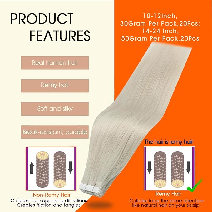 Full Shine White Blonde Tape in Hair Extensions Tape in Extensions Human Hair 10Inch Seamless Invisible Remy Skin Weft Double Sided Adhesive Extension for Women Silky Straight 30G 20Pcs