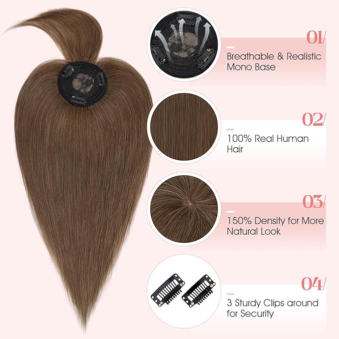 Hairro Mono Hair Toppers with Bangs, 3.4" x 3.4" Mono Base 100% Real Human Hairpieces for Women, 150% Density Clips In Topper for Greyish Thinning Hair, 16 Inch Medium Brown