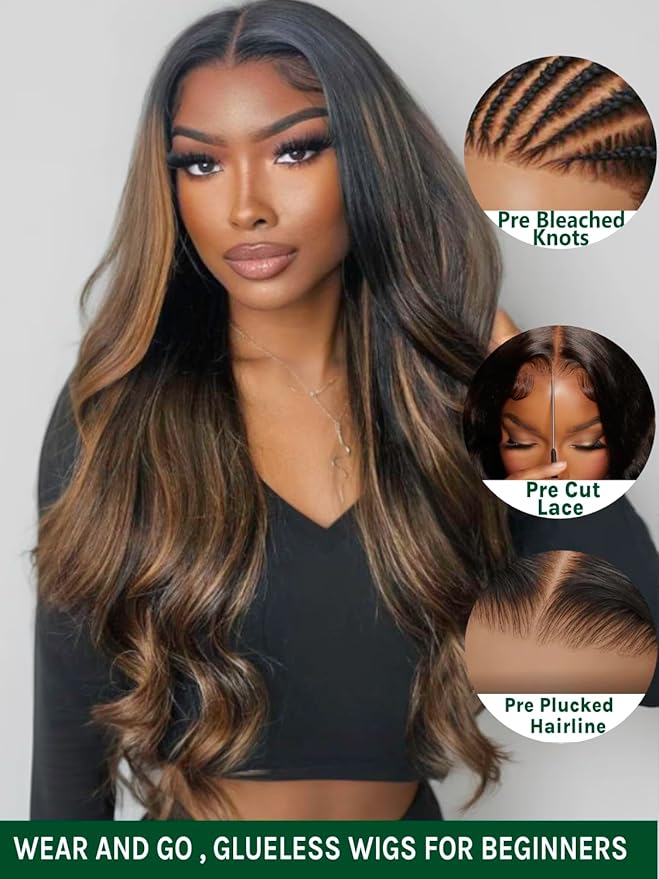 KLAIYI Bye Bye Knots Glueless Wig Ombre Brown Body Wave Pre Cut 7x5 HD Lace Front Wigs Human Hair Pre Plucked Pre Bleached Pre Everything Wear and Go Wig 12A Highlight Balayage 3S Ready To Wear 20Inch