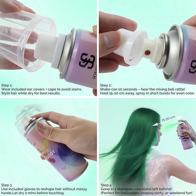 Emerald Green Temporary Hair Color Spray, SOVONCARE Natural Hair Wax Dye Spray for Kids Halloween, Christmas Party, Cosplay -On 1-Day Washable 120ML