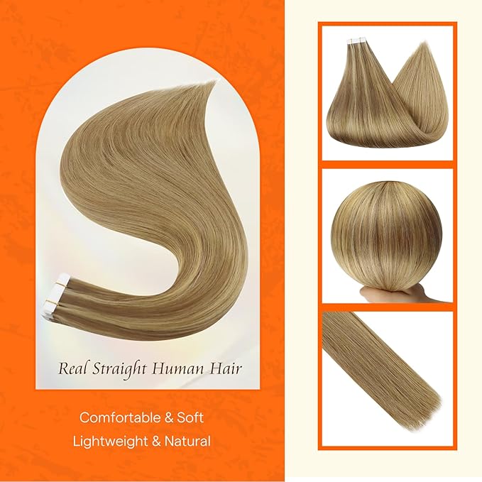 Full Shine Tape in Hair Extensions 14 Inch Remy Seamless Tape Ins Human Hair Extensions Color 10 Golden Brown and 16 Golden Blonde to 16 Blonde 20PCS 50 Grams for Party