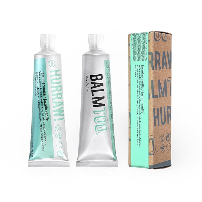 Hurraw! Balmtoo Squeezable Balm, Jasmine Vanilla: Thick, ultra-moisturizing. Anywhere application. Body, face, lips, neck, fingers, toes. 1 tube = 7 sticks of lip balm. Natural, Organic. Made in USA