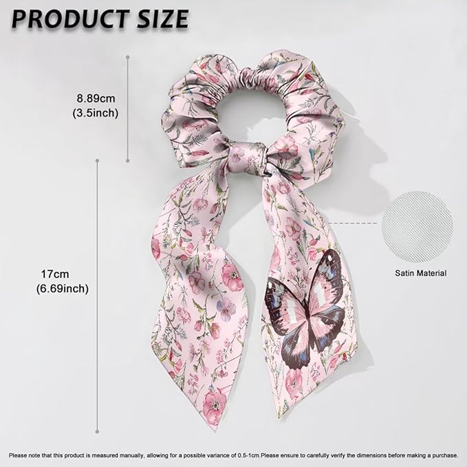 Butterfly Bow Hair Ties for Women Floral Pack of 2 Fashion Satin Hair Ties for Thin Hair Pink Aesthetic Scrunchies with Knot No Damage Ponytail Decor Band