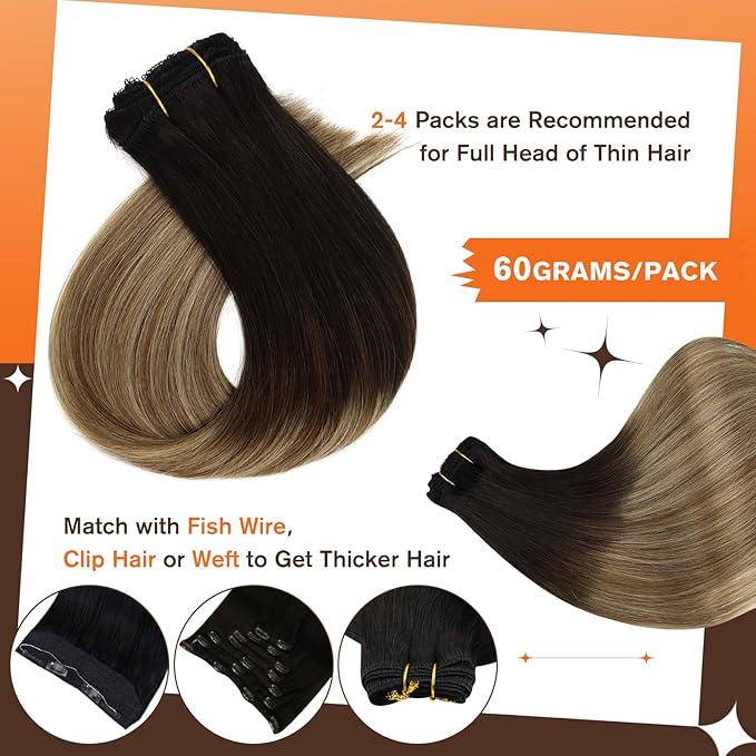 Full Shine Clip in Hair Extensions Human Hair Black Roots Hair Clip in Extensions Balayage Remy Hair Ombre Brown with Honey Blonde Straight Clip ins Ease of Use 3 PCS 60 G